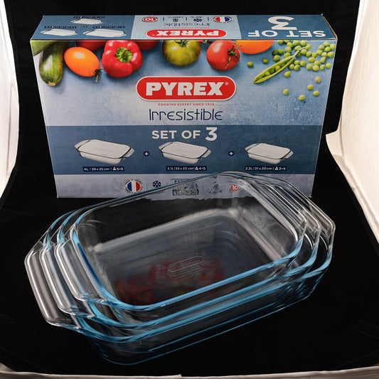 Pyrex Irresistible Set of 3 Rect. Glass Roaster with Easy Grip